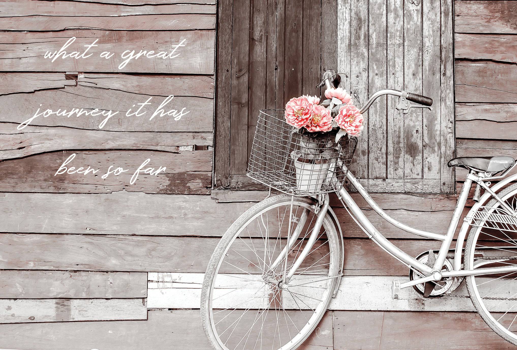 Weathered barn with bicycle illustration on Pictura birthday card, featuring rustic rural scene and vintage charm.